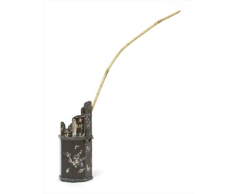 A Chinese wood water pipe,19th century, of octagonal form, decorated with birds amongst florets with inscriptions and mother-