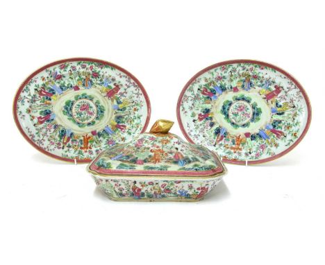 A Chinese Canton enamelled famille rose tureen and cover,19th century, of shaped rectangular form, painted with figures playi