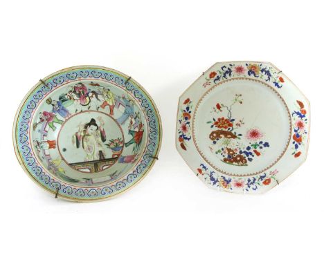 A Chinese export famille rose dish, Qianlong (1736-1795), of octagonal form, painted with peony, chrysanthemum and other flow