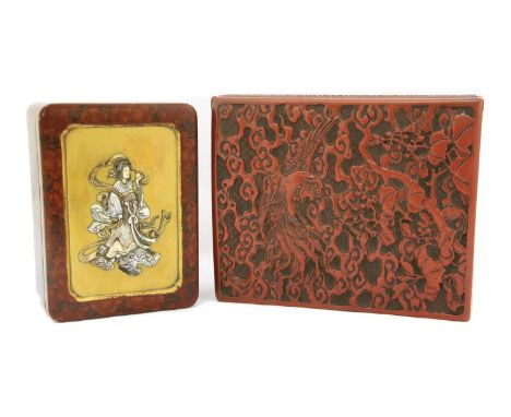 A Japanese lacquered box, 20th century, the cover decorated with a lady standing on clouds in ivory, bone and mother-of-pearl