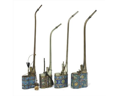 A collection of four Chinese cloisonné water pipes,19th-20th century, decorated with sealife, flowers, shou, birds and butter