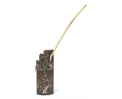 A Chinese wood water pipe,19th century, of octagonal form, inlaid with blossoming trees, bamboo and inscriptions in mother-of