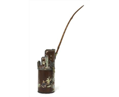 A Chinese wood water pipe,19th century, of cylindrical form with metal mountings, inlaid with figures in a garden and inscrip