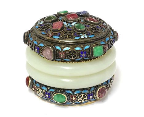 A Chinese silver gilt and enamelled box and cover, 20th century, decorated with filigree work with two mounted jade bangles a