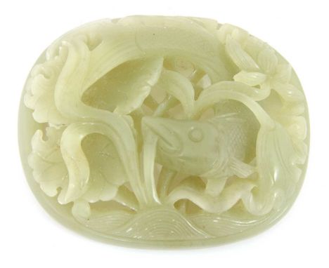 A Chinese jade carving,Qing dynasty (1644-1911), of a carp in a lotus pond, the stone of greyish-white tone, 7.5cm long清 玉雕荷塘