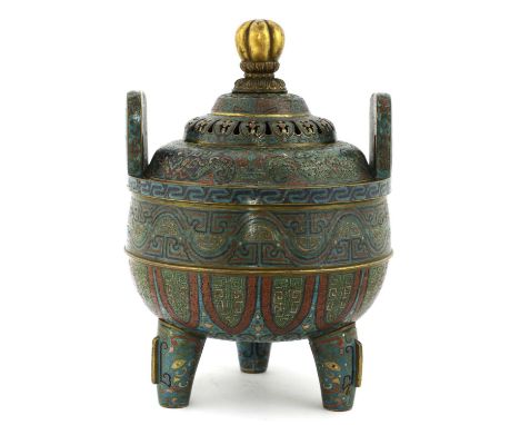 A Chinese cloisonné incense burner,18th-19th century, of globular form on three tapering short feet surmounted by two upright