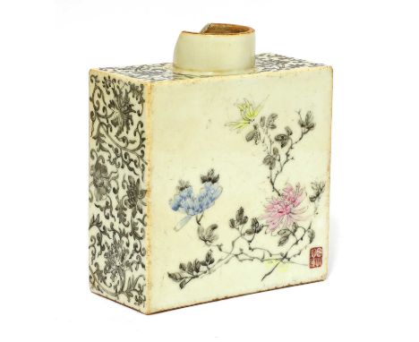 A Chinese famille rose tea caddy, Republic period (1912-1949), of rectangular form, painted with chrysanthemum, the sides wit