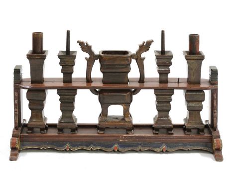 A Chinese wood altar and fittings, 19th century, with bracket feet and shaped aprons, fitted with a censer and altar vases, 9