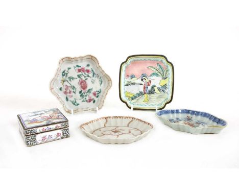 A Chinese Canton enamelled cloisonné box and cover, 19th century, of square form, painted with three European figures watchin