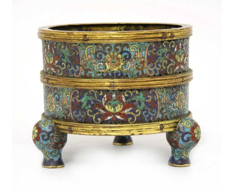 A Chinese cloisonné incense burner,Qianlong (1736-1795), the cylindrical body supported on three cabriole feet, the exterior 