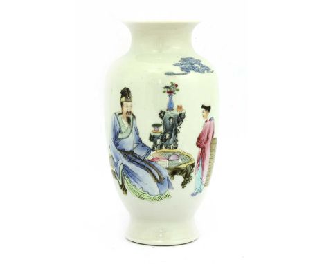 A Chinese famille rose vase, of ovoid form on a flared foot, painted with Wang Xizhi seated in a garden, together with his ge