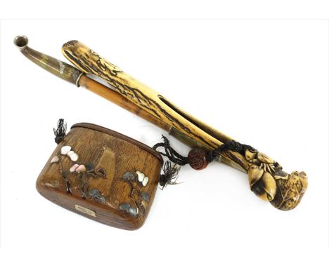 A Japanese smoking set,Meiji period (1868-1912), tonkotsu (tobacco container) and kiseruzutsu (pipe case) with kiseru, the pi