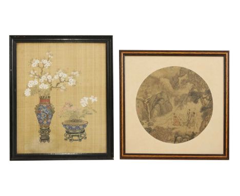 Two Chinese gouache paintings, one circular, painted with literati seated under a pine tree, signed Jiang Lian with two seals