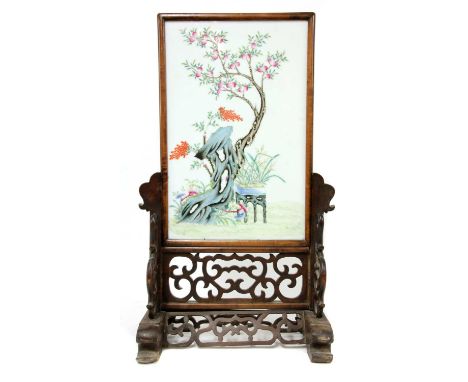 A Chinese famille rose table screen,Republic period (1912-1949), of rectangular form, painted with a planter of narcissus und