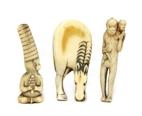 A collection of Japanese netsuke,19th-early 20th century, comprising: one ivory, Edo period (1615-1868), of a flattened grazi