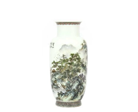 A Chinese porcelain vase, 20th century, of tapering cylindrical form, painted with a continuous landscape with waterfalls, mo