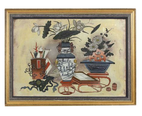 A pair of Chinese reverse glass paintings,early 20th century, decorated with precious objects including vases with flowers an