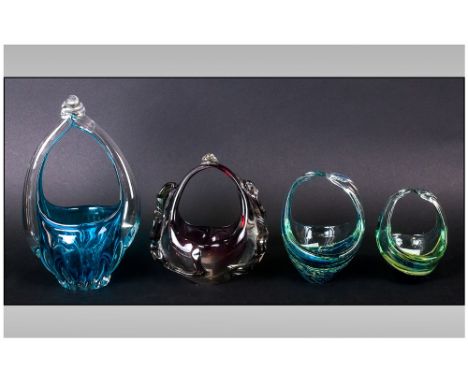 Four Vintage Murano Glass Baskets, one ruby red colour, turquoise, two mottled blue & Yellow hues.
