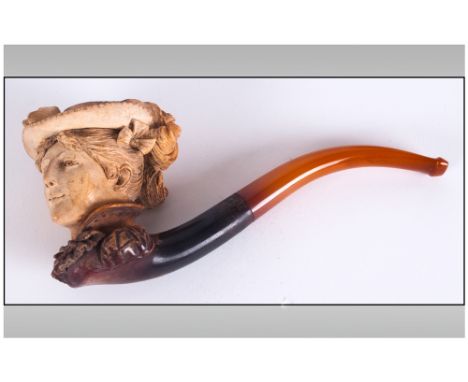 French 19th Century Fine Quality Meerschaum Pipe In Original Leather Case, Well Carved With a Bonneted Lady with Amber Mouth 