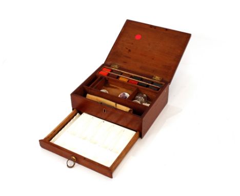 A Victorian mahogany artists paintbox,&nbsp;and contents with fitted drawer containing ceramic mixing palette etc.