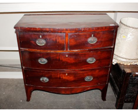 A 19th Century mahogany bow front chest,&nbsp;two short over two long drawers, raised on a shaped apron and bracket feet, 92c