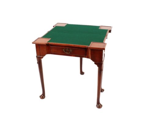 A George III mahogany triple fold over card and tea table,&nbsp;fitted single drawer raised on lappet shoulders, rounded tape