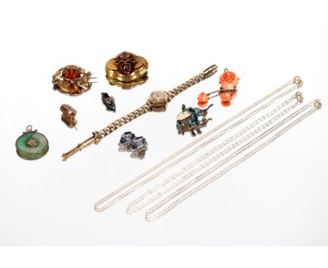 A yellow metal and amethyst&nbsp;set brooch;&nbsp;another set citrine; a jade pendant; a memorial brooch; a 9ct gold ladies w