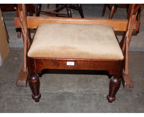 A 19th Century mahogany stool,&nbsp;with upholstered drop in seat raised on turned supports, 52cm&nbsp;