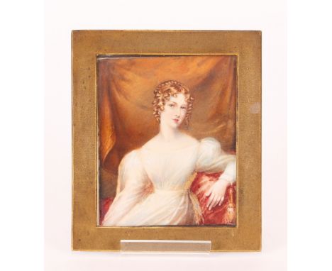 19th Century school, miniature portrait study of a seated young lady with ringlets in her hair, unsigned 13cm x 10.5cm in bra