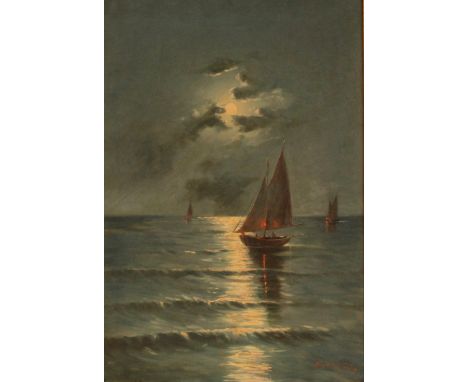 Miguel Filho 1892-1952,&nbsp;sailing vessels in a calm sea by moon light, oil on canvas, signed 64cm x 44cm