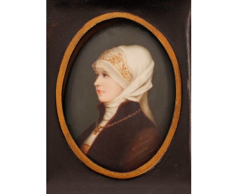 A 19th Century oval Berlin type porcelain plaque,&nbsp;depicting head and shoulders portrait of a young woman in profile, 9cm
