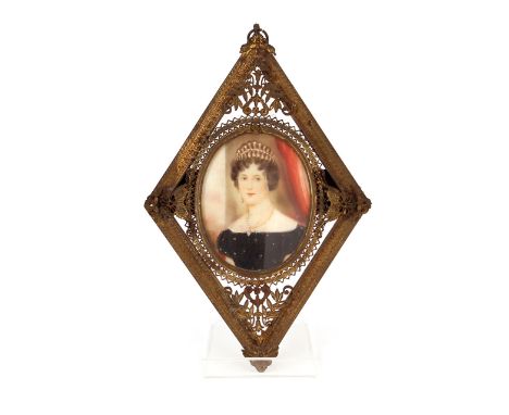 19th Century school, oval portrait study of a young woman wearing tiara in a gilded filigree work diamond shaped frame