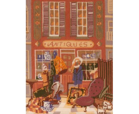A framed wool work embroidery,&nbsp;"Today Is The First Day Of The Rest Of Your Life"; and another modern embroidery "Antique