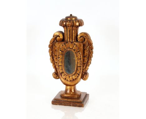 A continental carved gilt wood and mirrored&nbsp;table lamp base,&nbsp;of baluster vase form with acanthus scroll handles, 40