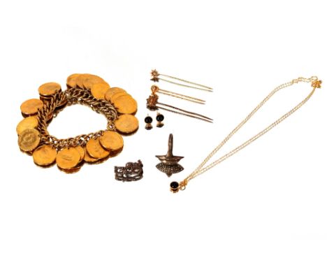 A gold plated farthing bracelet,&nbsp;a Sterling silver ring and similar brooch; a 9ct gold stick pin; two other stick pins; 