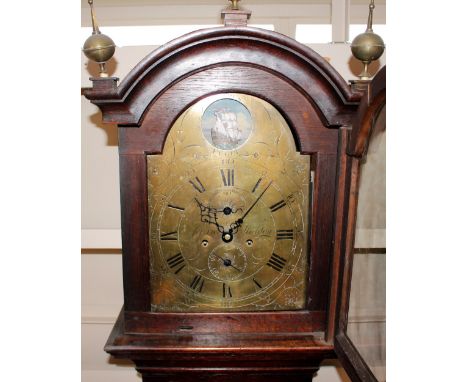 A 19th Century mahogany long case clock,&nbsp;by William Jefferies of Maldon, the arched hood surmounted by brass orb finials