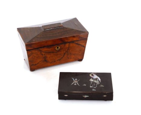 A 19th Century faux walnut sarcophagus&nbsp;shaped tea caddy,&nbsp;(no interior); and a small lacquered box with mother of pe