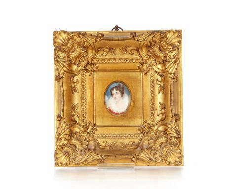 19th Century school,&nbsp;oval portrait miniature of a young lady with lace collar; and another similar contained in gilt fra