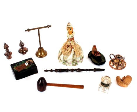 A tray of miscellaneous items including, a hand held music box; a small wooden gavel; a plated chamber stick; a felt doll etc