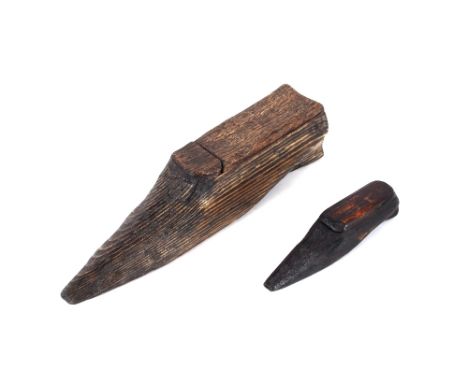 A large pine primitive table shoe snuff box,&nbsp;21cm long; together with another smaller, 11cm long (2)