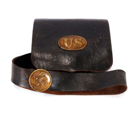 A Civil War period US Army leather satchel, with fitted interior, Size of case 23.5cm x 21cm overall. Length of strap 68cm. 