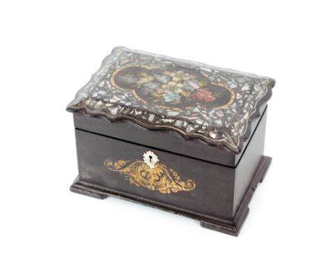 A Victorian papier maché and mother of pearl inlaid&nbsp;two compartment tea caddy, 20cm wide, 12cm high&nbsp;