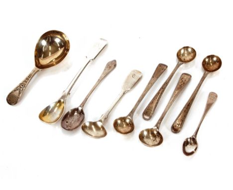 A George III silver caddy spoon, London 1809,&nbsp;and various silver condiment spoons