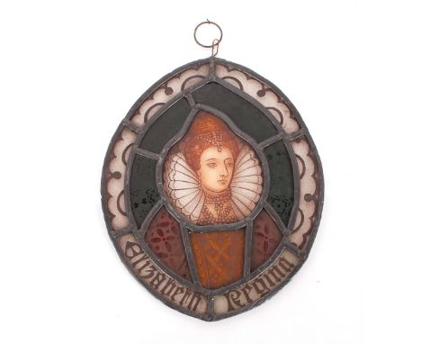A leaded and stained glass oval panel,&nbsp;depicting a portrait of Elizabeth I, described "Elizabeth Regina", 30cm x 24cm in