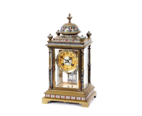 A 19th Century brass and enamel four glass mantel clock,&nbsp;the temple shaped case supporting a circular dial for Edward Ew