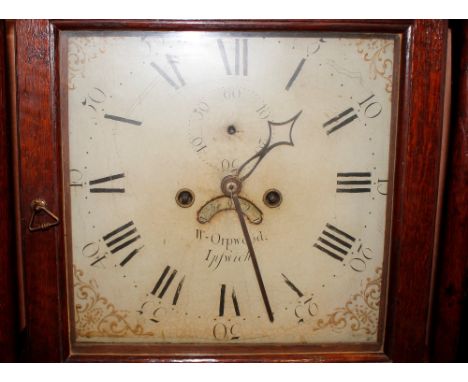 William Orpwood of Ipswich,&nbsp;oak long case clock, the hood surmounted by gilt orb finials, 8 day movement striking on a b