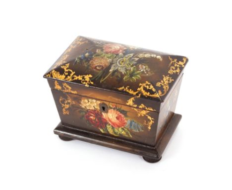 A Victorian&nbsp;papier maché two compartment tea caddy, 17cm wide, 12cm high