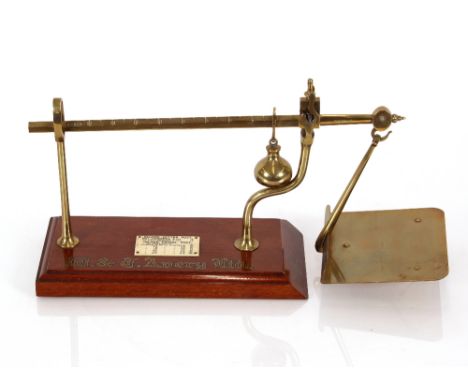 A set of W.T.Avery Ltd. brass and mahogany inlaid postal scales, with faux ivory charge scale, 37cm long overall