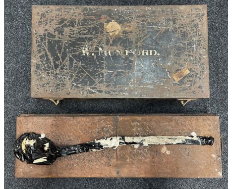 Victorian Officers Tin Trunk named to "W Mumford". Size 83cm x 44cm x 33cm. Maker marked "Gordon Trunk Co Ltd". Along with an
