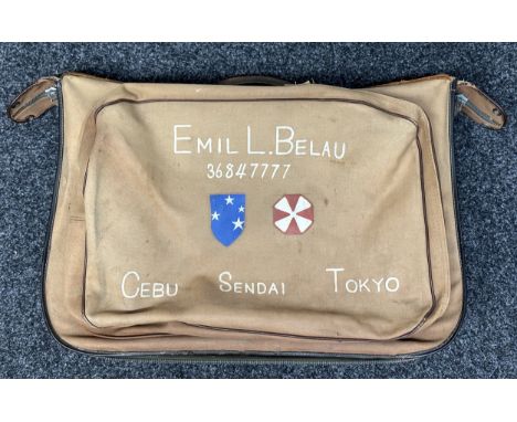 WW2 US Army Officers Suitcase. Named to Emil L Belau 36847777 and with artwork to both sides with insignia for the Americal D
